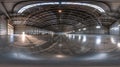 Generative AI full seamless spherical hdri panorama 360 degrees in interior of large empty room as warehouse or ha Royalty Free Stock Photo