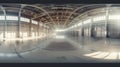 Generative AI full seamless spherical hdri panorama 360 degrees in interior of large empty room as warehouse or ha Royalty Free Stock Photo