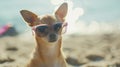 Generative AI funny chihuahua dog posing on a beach in sunglasses business concept. Royalty Free Stock Photo