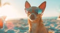Generative AI funny chihuahua dog posing on a beach in sunglasses business concept. Royalty Free Stock Photo
