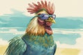 Generative AI. Funny rooster with glasses. Watercolor illustration. Farm animal