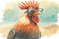 Generative AI. Funny rooster with glasses. Watercolor illustration. Farm animal