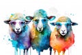 Generative AI. Funny sheeps with glasses, animal portrait. Watercolor illustration. Farm animals