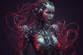 Generative AI. Futuristic female humanoid robot from which many metal wires depart. Future