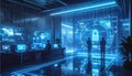 It shows a high-tech cybersecurity control room with glowing screens, lock icons, and data Royalty Free Stock Photo