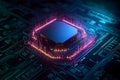 Generative AI. Futuristic Neon Microchip Circuit Board 3D Rendering