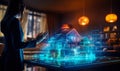 Futuristic real estate concept with a holographic projection of a house and a businesswoman, symbolizing advanced property Royalty Free Stock Photo