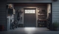 Generative AI of a garage interior with a bike and a garage door Royalty Free Stock Photo