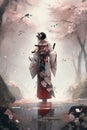 Generative ai. Geisha in blooming sakura garden anime illustration.