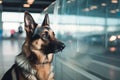 Generative AI. German Shepherd traveler. The dog is sitting and waiting in the airport waiting room, looking out the Royalty Free Stock Photo