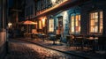 Generative AI Germany Dusseldorf Old town old houses pavement restaurant at night business concept. Royalty Free Stock Photo