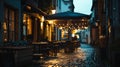 Generative AI Germany Dusseldorf Old town old houses pavement restaurant at night business concept. Royalty Free Stock Photo