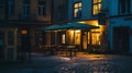 Generative AI Germany Dusseldorf Old town old houses pavement restaurant at night business concept. Royalty Free Stock Photo