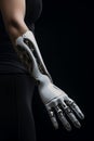 Generative AI A girl with disabilities. Technologies of the future. Smart iron arm prosthesis. Black background. Science