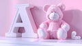 Generative AI Girls bedroom background Pink small teddy bear sitting on top of a white bed frame next to a giant w Royalty Free Stock Photo