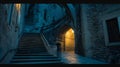 Generative AI Girona city by night Pujada de Sant Domenec stairs and Arch of the Agullana Palace Catalonia Spain b Royalty Free Stock Photo