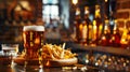 Generative AI Glass of beer on bar counter Jugs mugs pints of brew beverage ale cider on wooden table in pub bar B Royalty Free Stock Photo