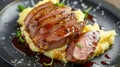 Generative AI Glazed duck fillet, mashed potatoes seasoned with truffle oil, fig and aniseed sauce business concep