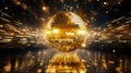 Glittering disco ball reflecting golden light beams on the dance floor, creating a dazzling spectacle and festive atmosphere Royalty Free Stock Photo