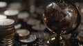 Generative AI Globe and stack with coins. Money makes the world go round business concept. Royalty Free Stock Photo