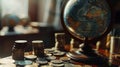 Generative AI Globe and stack with coins. Money makes the world go round business concept. Royalty Free Stock Photo