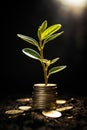 Generative ai: Gold coins and plants, seedlings growing on gold coins, money growing