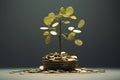 Generative ai: Gold coins and plants, seedlings growing on gold coins, money growing