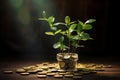 Generative ai: Gold coins and plants, seedlings growing on gold coins, money growing