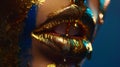 Generative AI Gold Paint drips from the lips lipgloss dripping from sexy lips golden liquid drops on beautiful mod Royalty Free Stock Photo