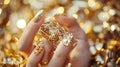 Generative AI Golden Nail art manicure Holiday style bright Manicure with gems and sparkles Bottle of Nail Polish Royalty Free Stock Photo