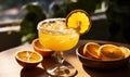 Golden Orange Margarita Cocktail with Salt Rim and Citrus Garnish in Elegant Glass, Refreshing Alcoholic Beverage in Sunlit Royalty Free Stock Photo