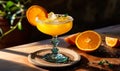 Golden Orange Margarita Cocktail with Salt Rim and Citrus Garnish in Elegant Glass, Refreshing Alcoholic Beverage in Sunlit Royalty Free Stock Photo