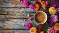 Generative AI Good fall morning Warm cup of coffee and beautiful autumn flowers on rustic wooden background flat l Royalty Free Stock Photo