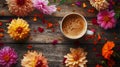 Generative AI Good fall morning Warm cup of coffee and beautiful autumn flowers on rustic wooden background flat l Royalty Free Stock Photo