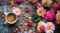 Generative AI Good fall morning Warm cup of coffee and beautiful autumn flowers on rustic wooden background flat l Royalty Free Stock Photo