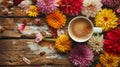 Generative AI Good fall morning Warm cup of coffee and beautiful autumn flowers on rustic wooden background flat l Royalty Free Stock Photo