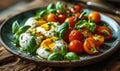 Gourmet Burrata Cheese with Fresh Basil and Cherry Tomatoes, Drizzled with Olive Oil, Artfully Presented on a Ceramic Plate