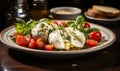 Gourmet Burrata Cheese with Fresh Basil and Cherry Tomatoes, Drizzled with Olive Oil, Artfully Presented on a Ceramic Plate