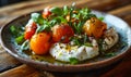 Gourmet Burrata Cheese with Fresh Basil and Cherry Tomatoes, Drizzled with Olive Oil, Artfully Presented on a Ceramic Plate