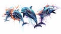 Generative AI, Graceful Leaps: Watercolor Drawing of Dolphins in Mid-Air