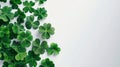 Generative AI Green four leaf clover creative layout isolated on white background Lucky clover banner border compo Royalty Free Stock Photo