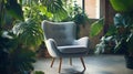 Generative AI Grey armchair indoor plants monstera palm trees Urban jungle apartment Biophilia design Cozy tropica