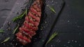Generative AI grilled flat iron steak shot in flat lay style from overhead business concept.