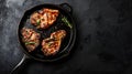 Generative AI Grilled pork steak in frying pan on black background with copy space Top view flat lay food business Royalty Free Stock Photo