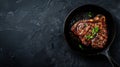 Generative AI Grilled pork steak in frying pan on black background with copy space Top view flat lay food business Royalty Free Stock Photo