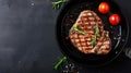 Generative AI Grilled pork steak in frying pan on black background with copy space Top view flat lay food business Royalty Free Stock Photo