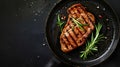 Generative AI Grilled pork steak in frying pan on black background with copy space Top view flat lay food business Royalty Free Stock Photo