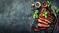Generative AI Grilled porterhouse beef steak Sliced Tbone with herbs and spices Top view flat lay with copy space