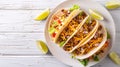 Generative AI Ground Beef Tacos with shredded cheddar cheese fresh lettuce tomato onion on a white plate with lime