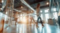 Generative AI Group of office employees in motion go around at coworking space People in business center walking Royalty Free Stock Photo